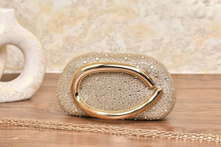 Black Beaded Clutch with Large Gold Handle