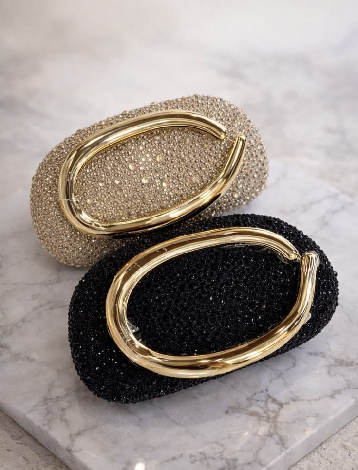 Black Beaded Clutch with Large Gold Handle