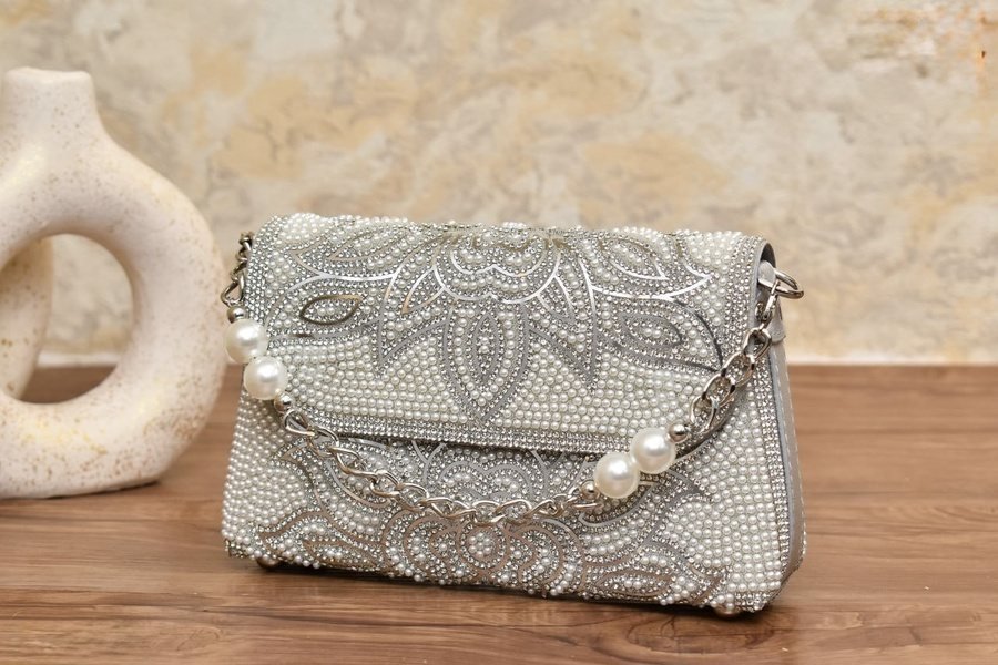 Black Crystal Bag with Chain and Pearls