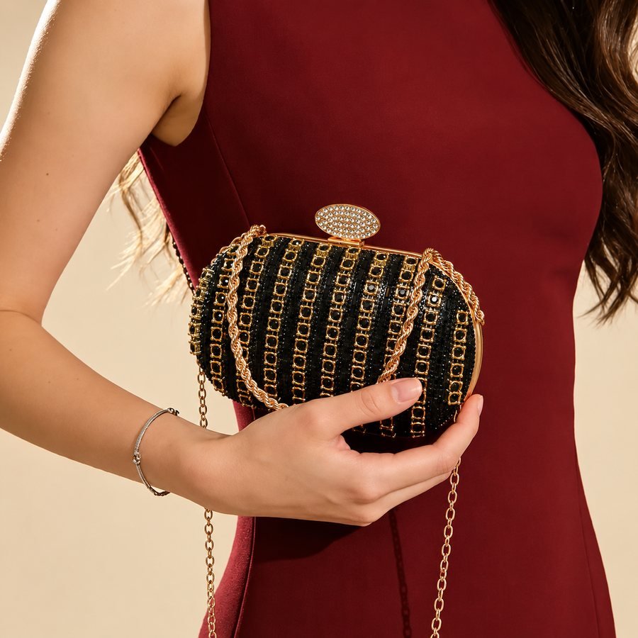 Oval Crystal Clutch with Gold Chain