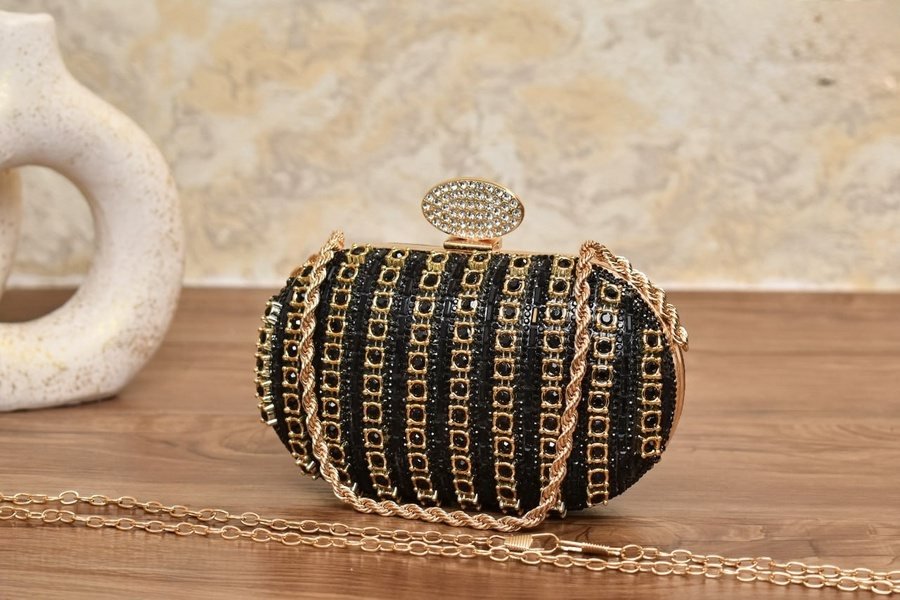 Oval Crystal Clutch with Gold Chain