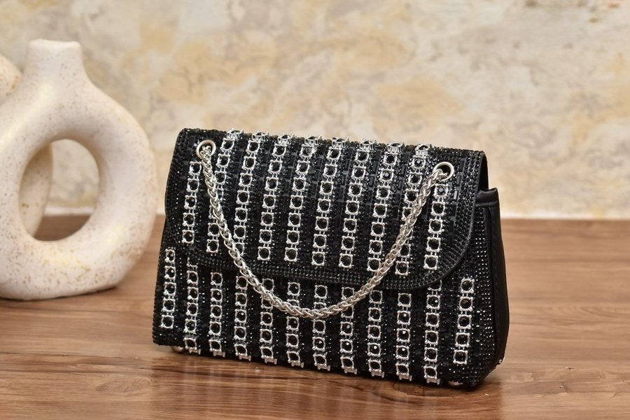Black Bag with Silver Ring Details and Chain