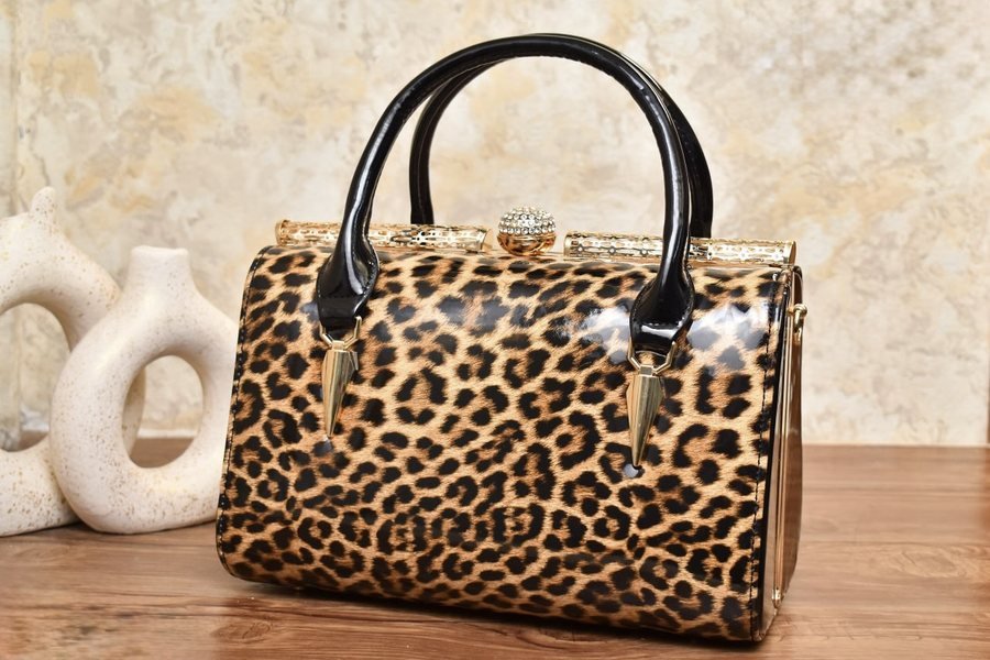 Leopard Print Handbag with Gold Trim