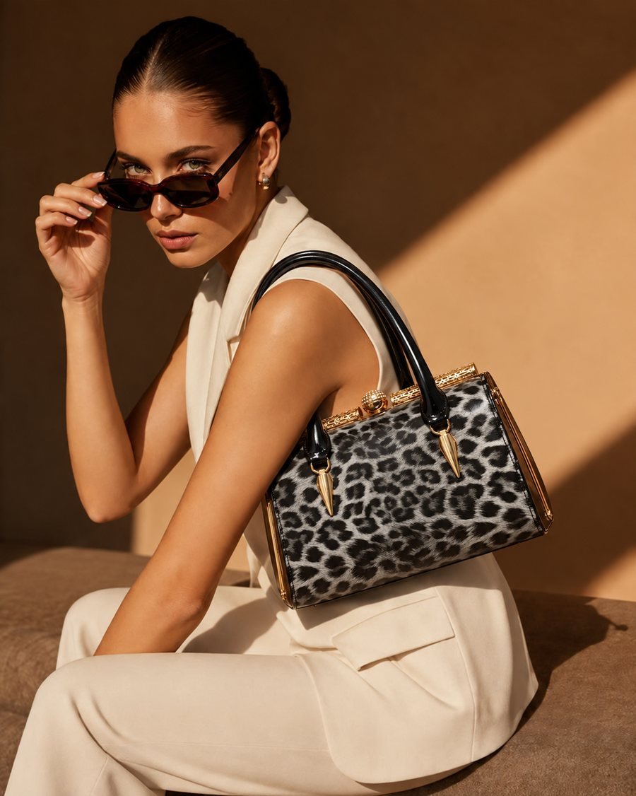 Leopard Print Handbag with Gold Trim