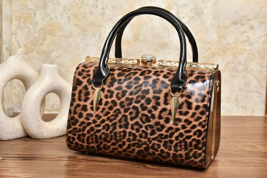 Leopard Print Handbag with Gold Trim