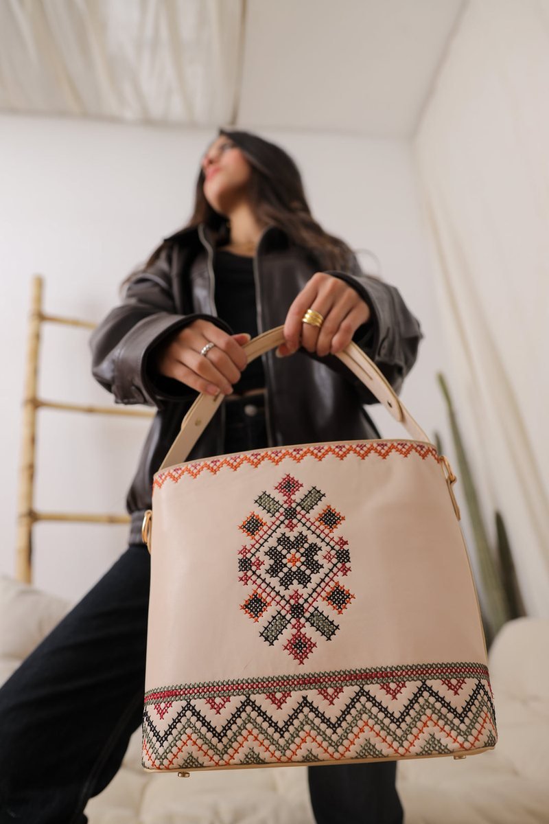Beige Shoulder Bag with Folk Cross-Stitch