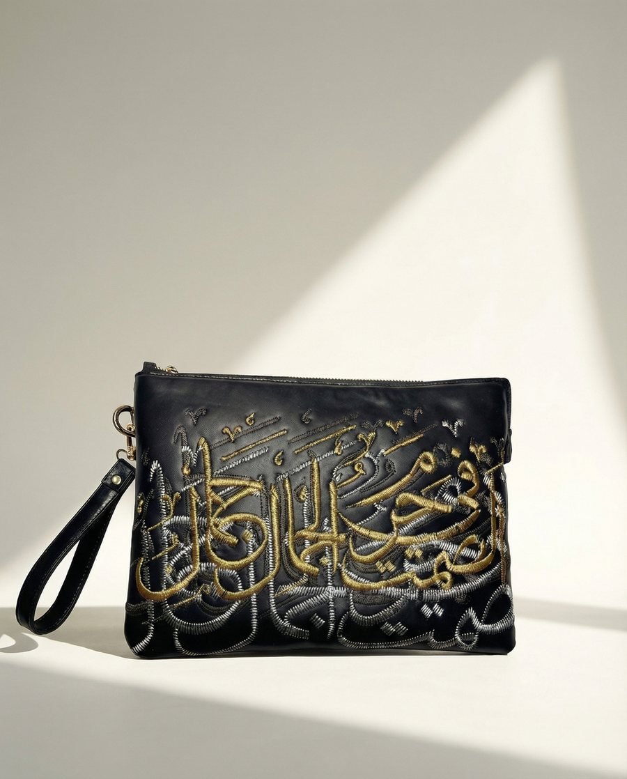 Black Clutch with Gold Arabic Calligraphy
