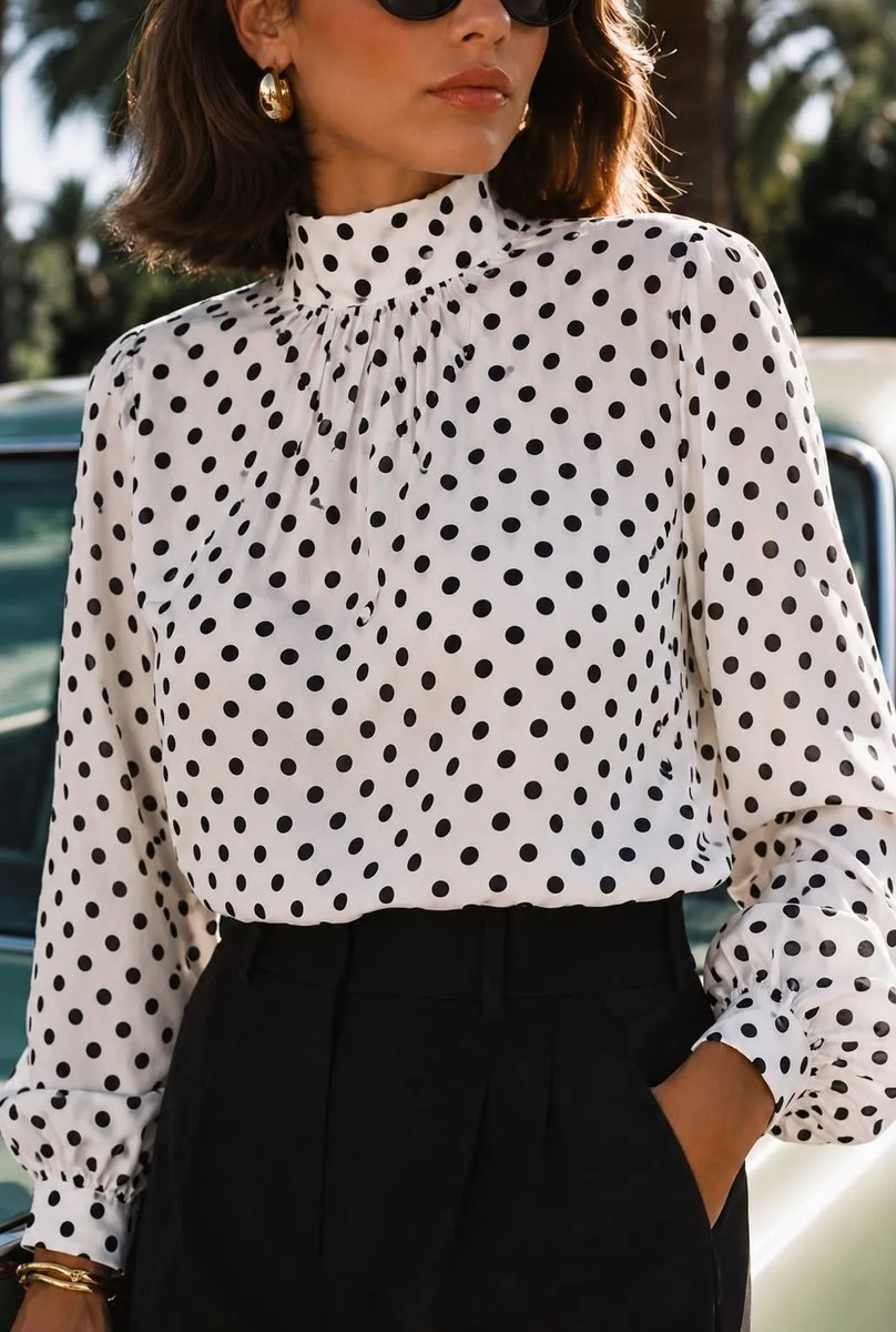 Polka Dot Crop Blouse with High Neck