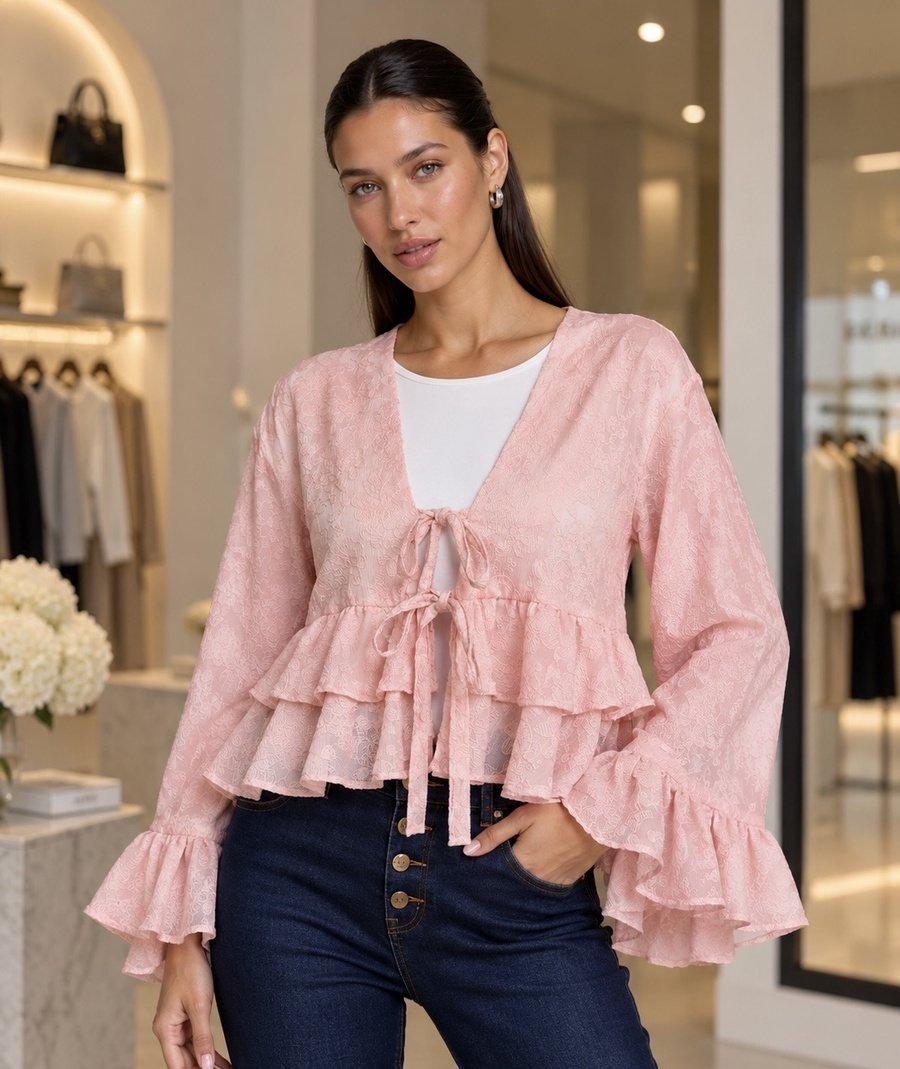 Pink Ruffle Tie-Front Blouse