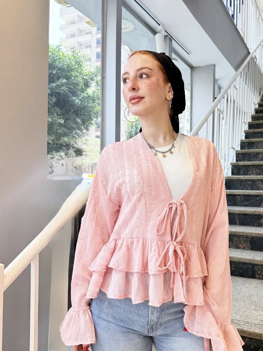 Pink Ruffle Tie-Front Blouse