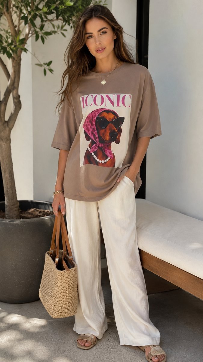 تيشيرت أصفر واسع بطبعة Iconic