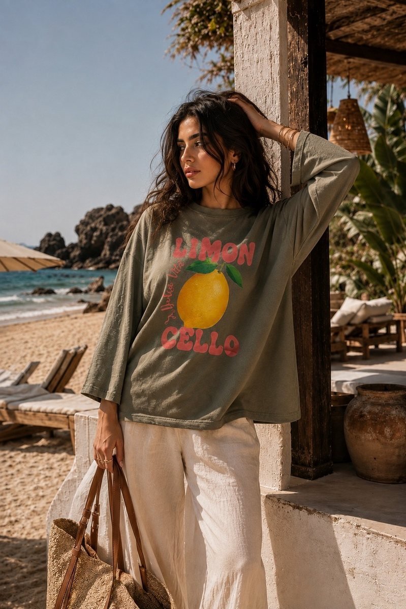 Olive Oversized Tee with Lemon Print
