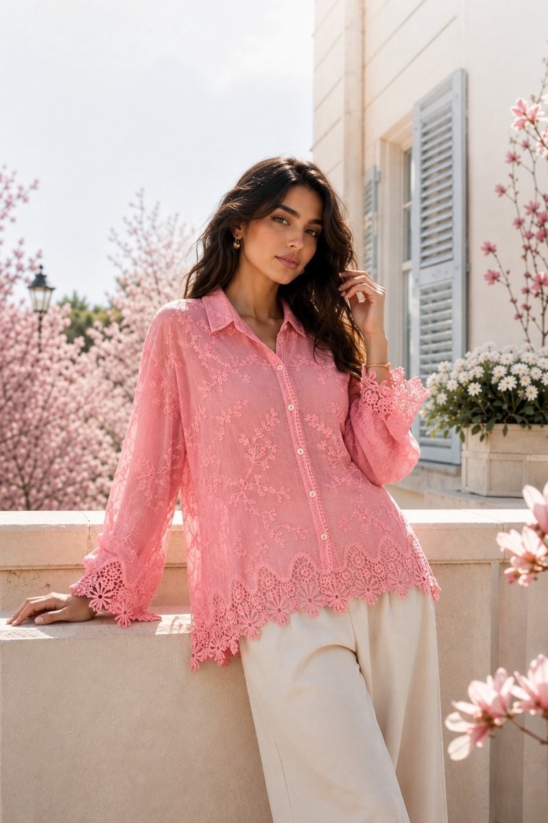 Pink Lace-Trim Button Blouse