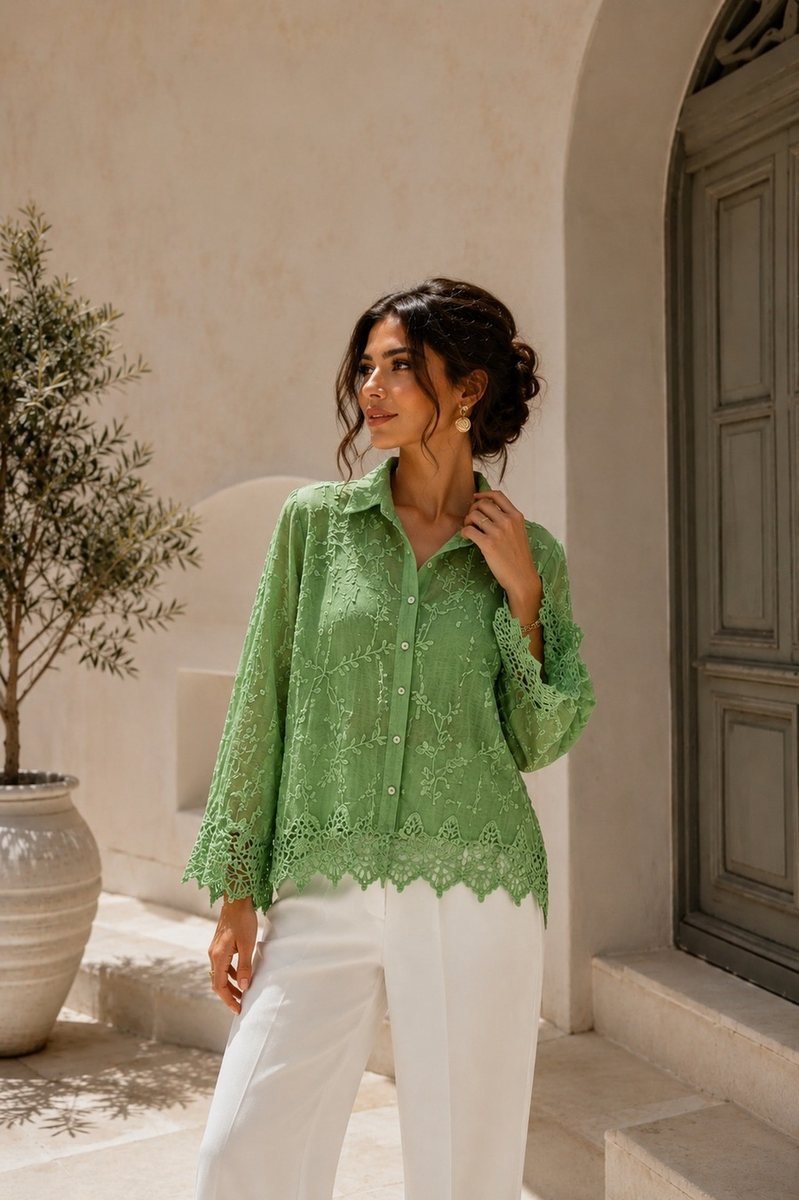 Pink Lace-Trim Button Blouse