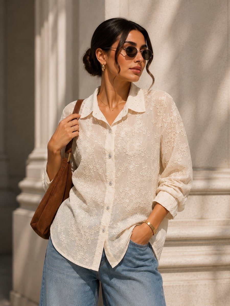 Cream Embroidered Button-Down Shirt