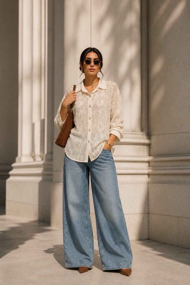 Cream Embroidered Button-Down Shirt