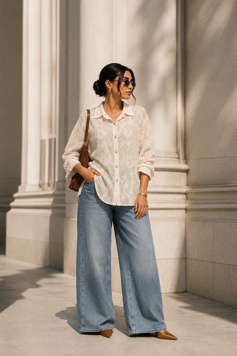 Cream Embroidered Button-Down Shirt