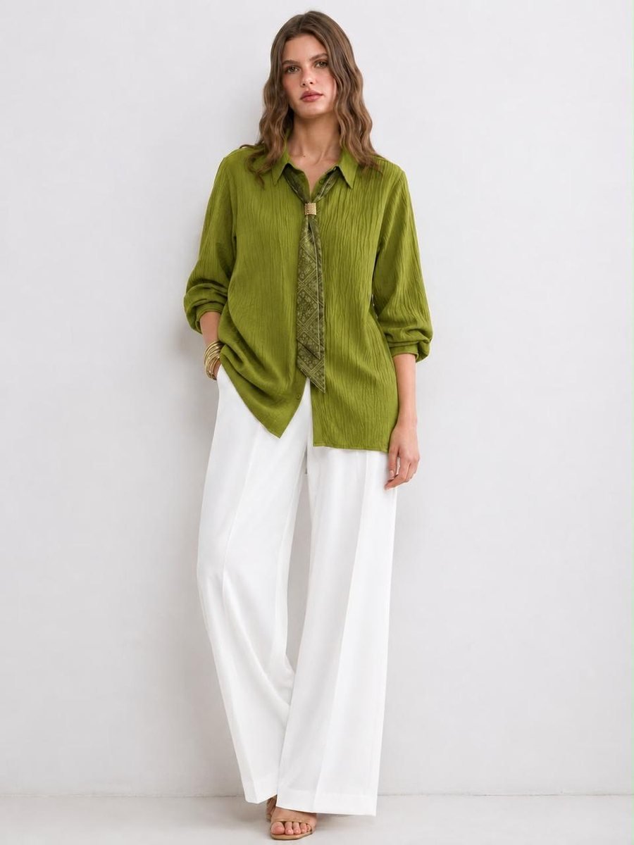 Green Textured Blouse with Scarf Tie