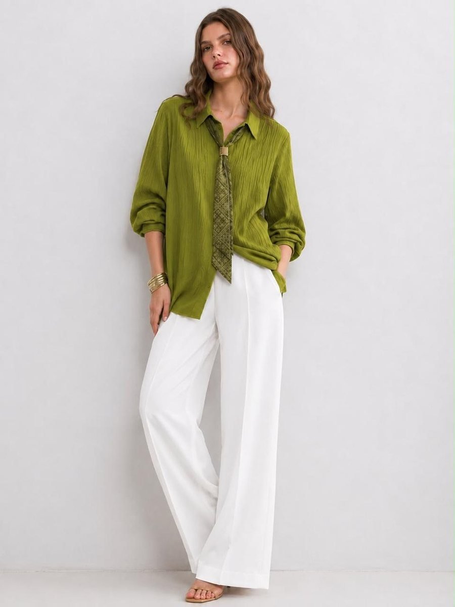 Green Textured Blouse with Scarf Tie