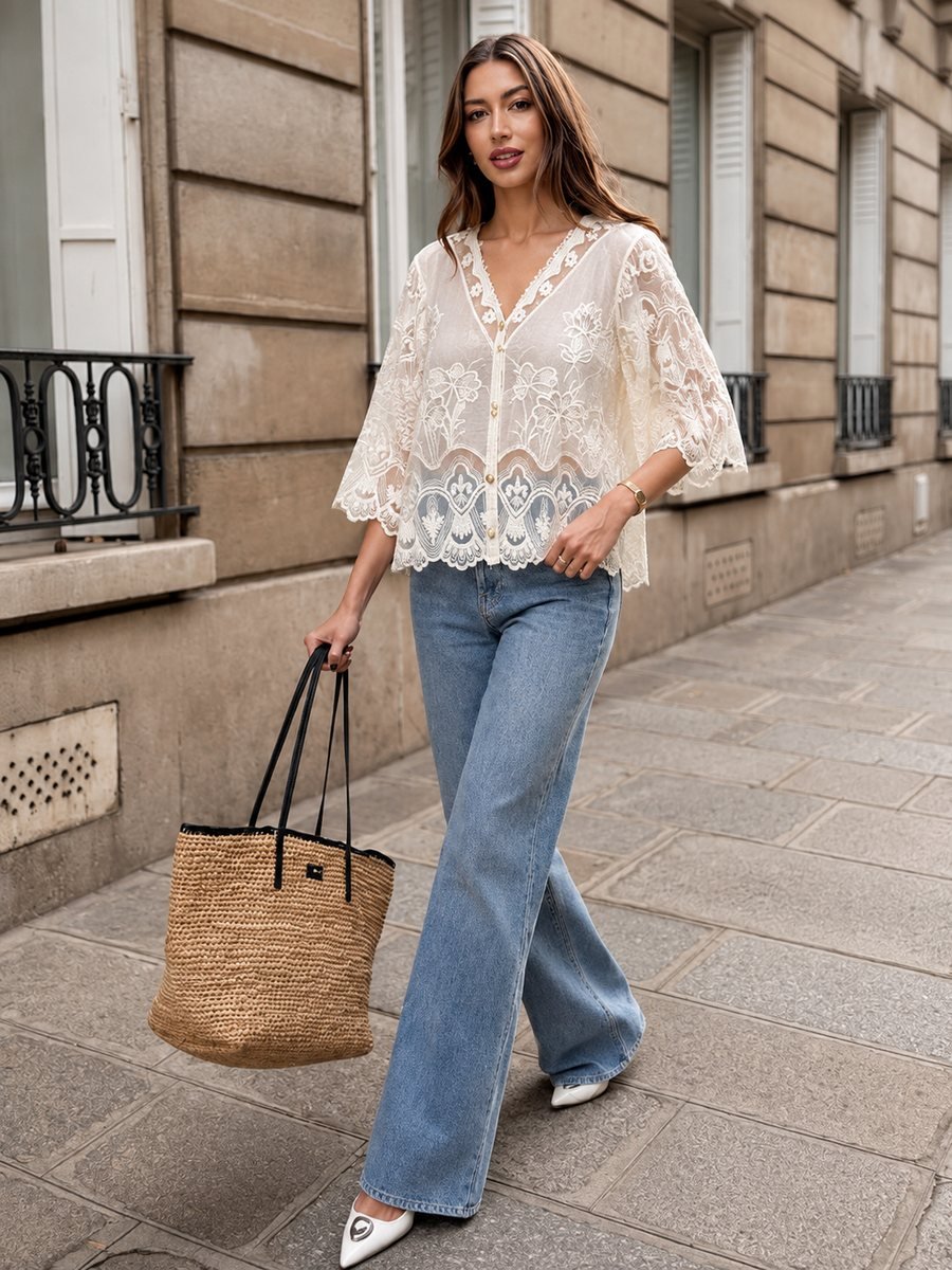 Lace Embroidered Blouse with Scalloped Hem