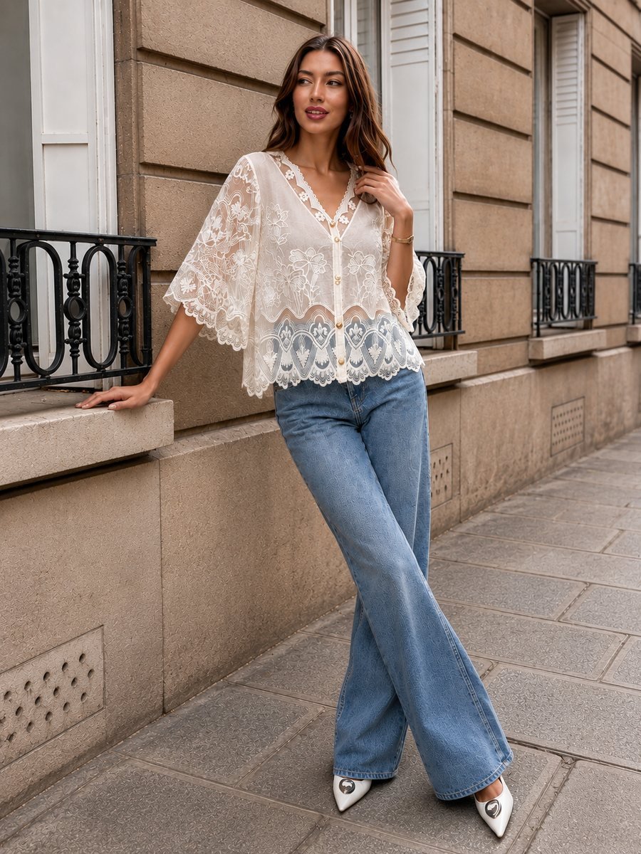 Lace Embroidered Blouse with Scalloped Hem