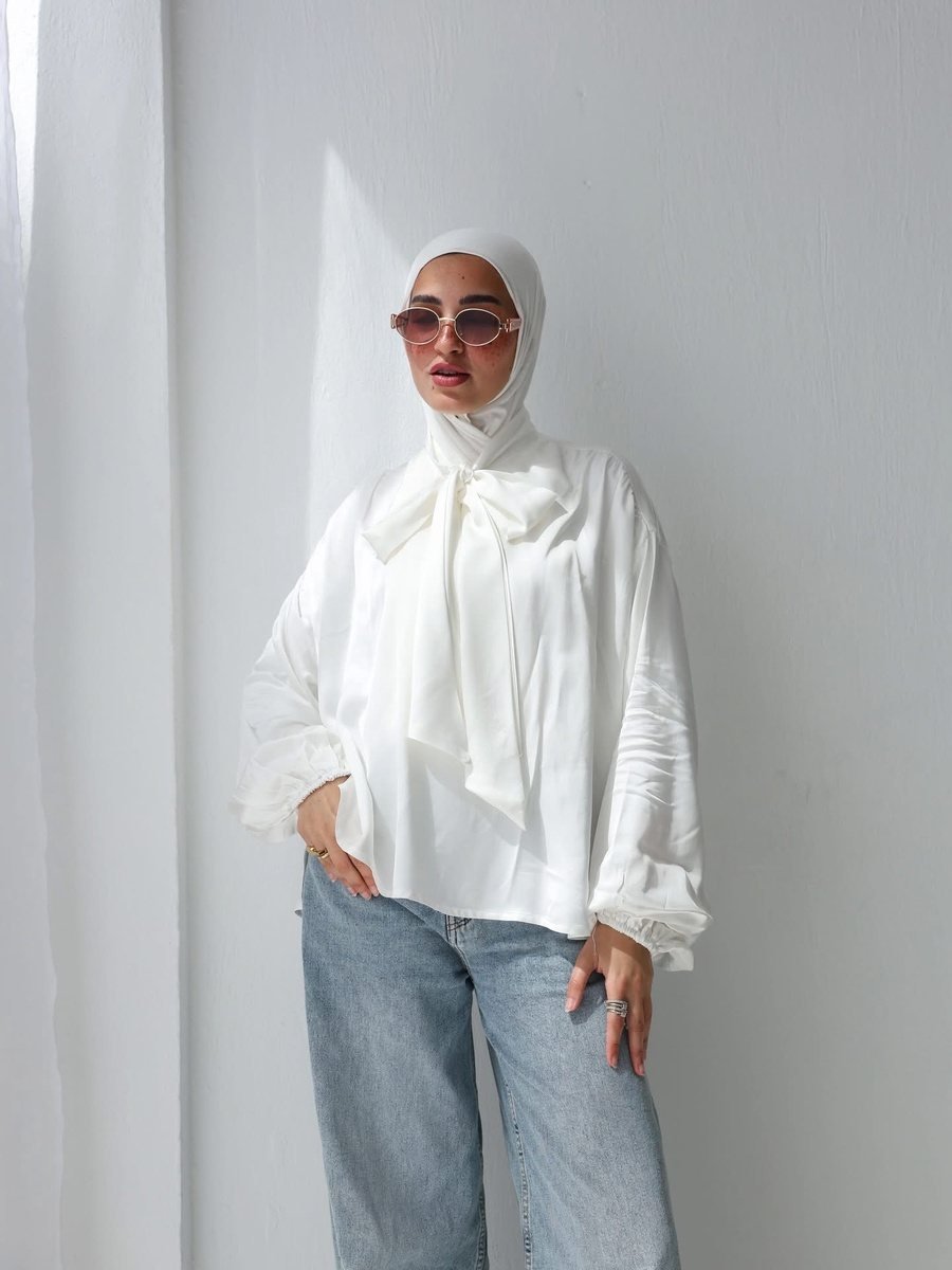 Satin Bow Blouse with Voluminous Sleeves