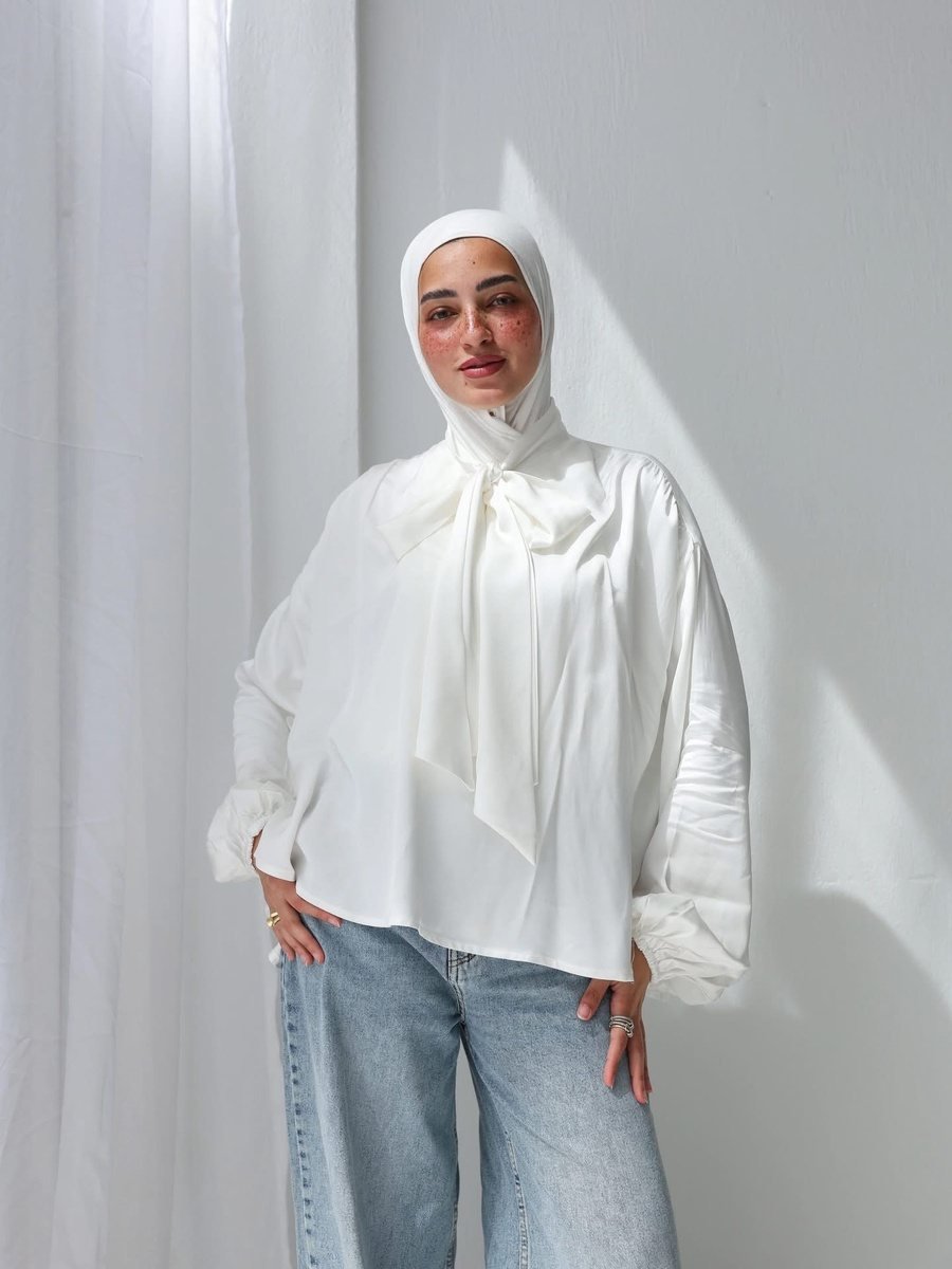 Satin Bow Blouse with Voluminous Sleeves