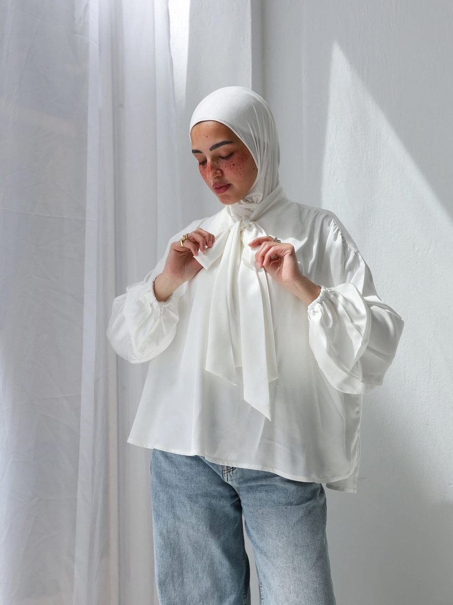 Satin Bow Blouse with Voluminous Sleeves