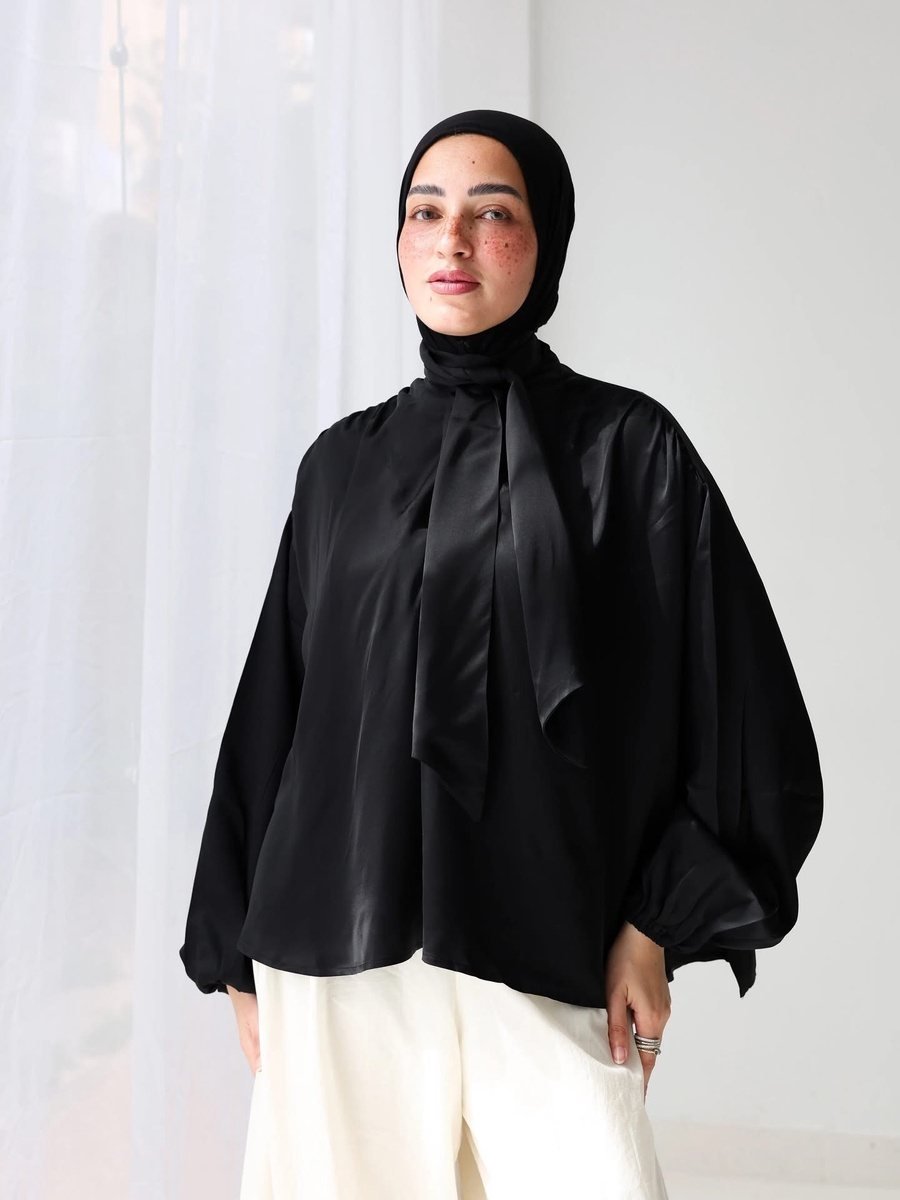 Satin Bow Blouse with Voluminous Sleeves