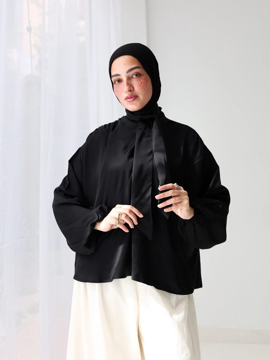 Satin Bow Blouse with Voluminous Sleeves