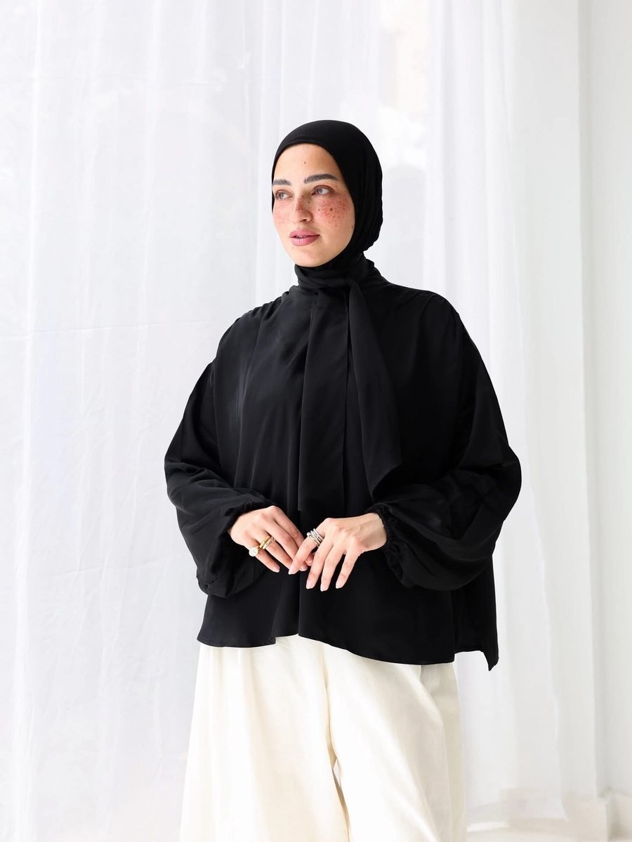 Satin Bow Blouse with Voluminous Sleeves