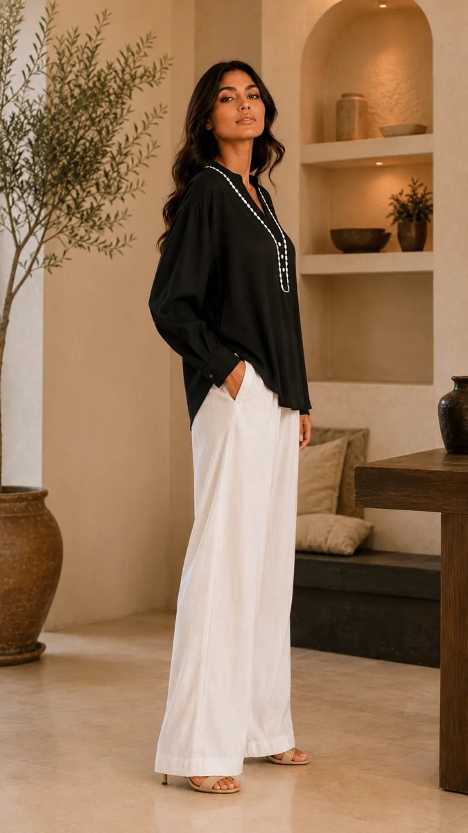 V-Neck Blouse with Contrast Trim