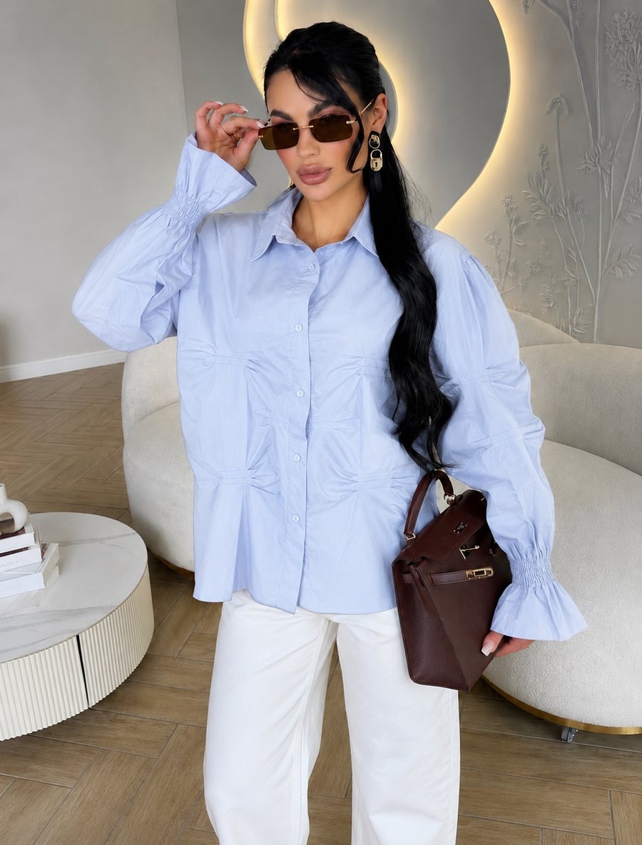 Sky Blue Blouse with Gathered Waist and Flared Cuffs