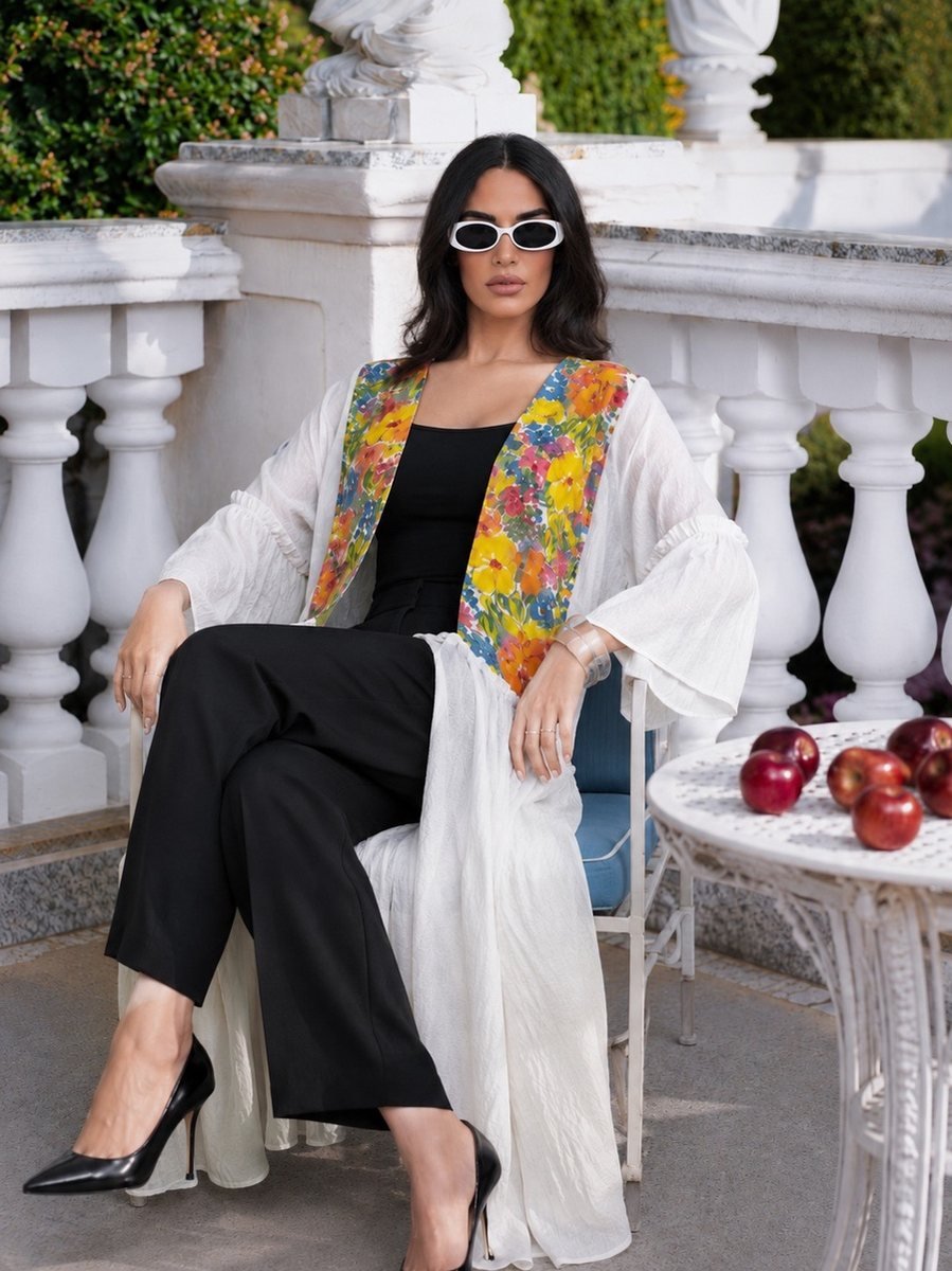 White Kimono with Colorful Floral Embroidery