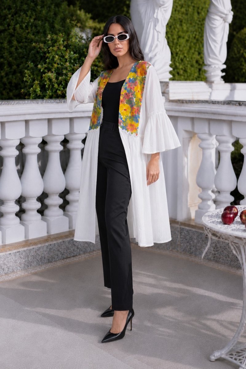 White Kimono with Colorful Floral Embroidery
