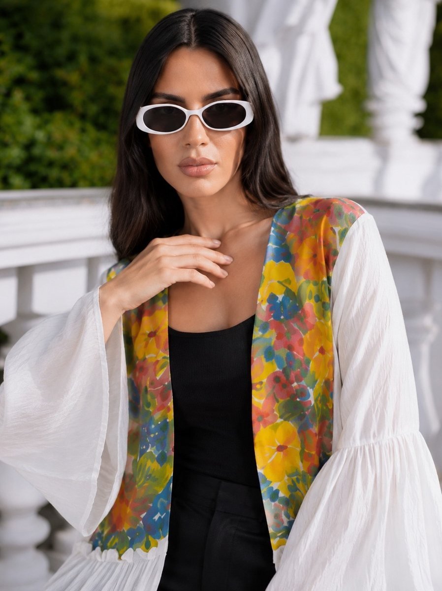 White Kimono with Colorful Floral Embroidery
