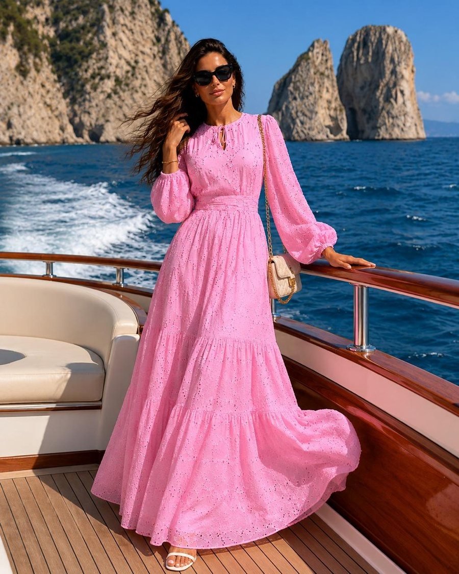 Pink Eyelet Maxi Dress with Puff Sleeves
