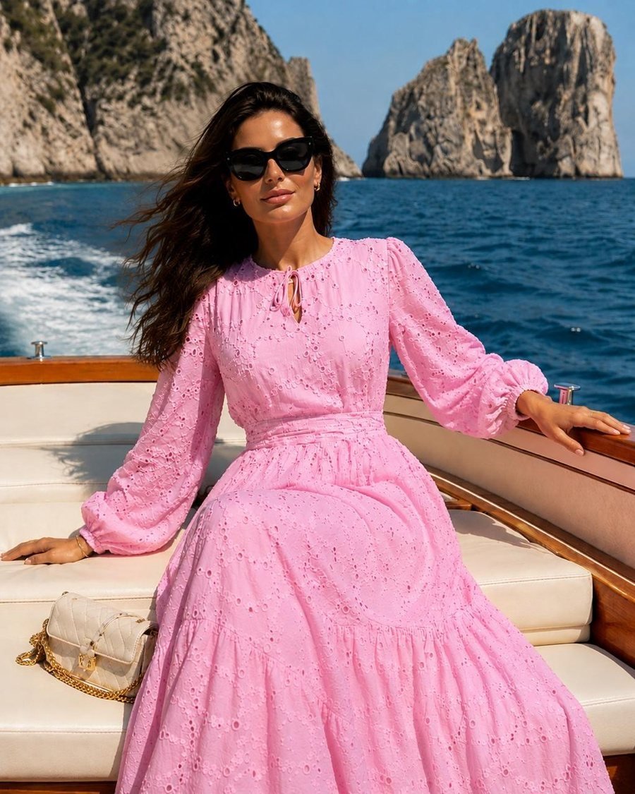 Pink Eyelet Maxi Dress with Puff Sleeves