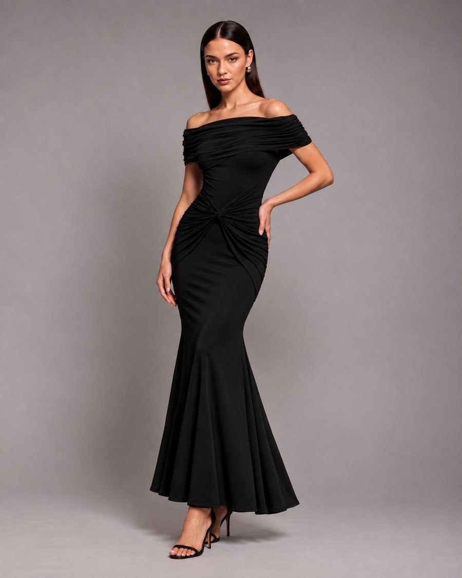 Black Off-Shoulder Draped Evening Dress