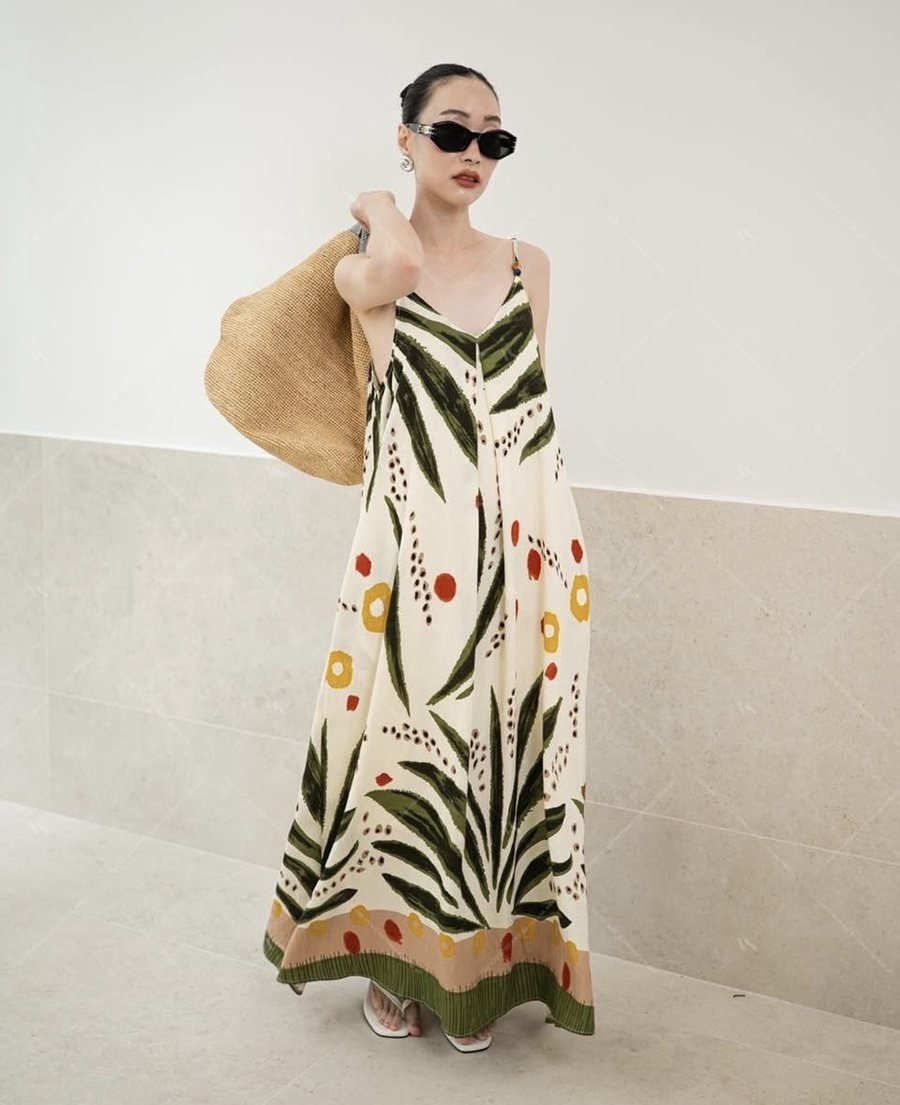 Strappy Maxi Dress with Green Leaf Print