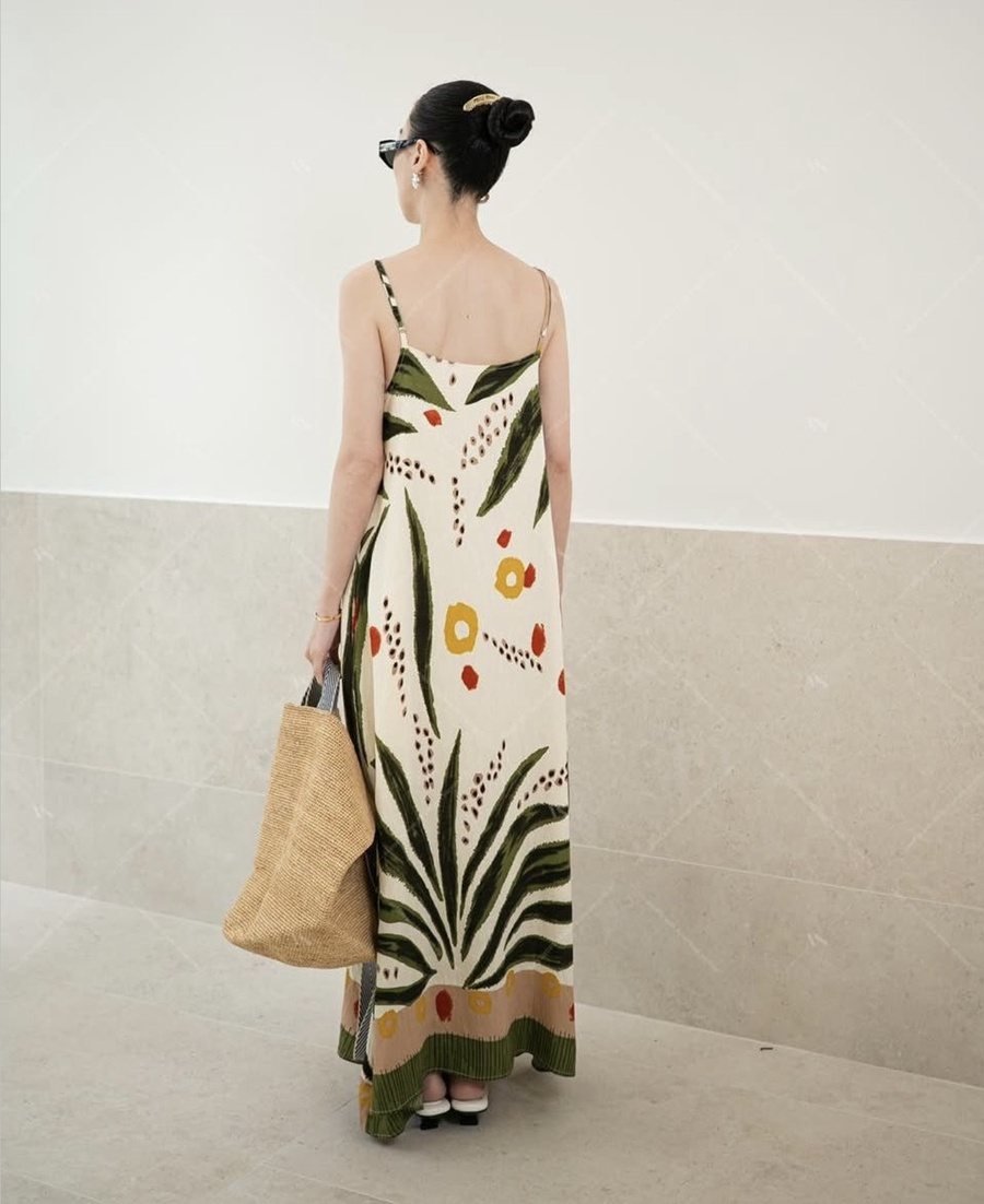 Strappy Maxi Dress with Green Leaf Print