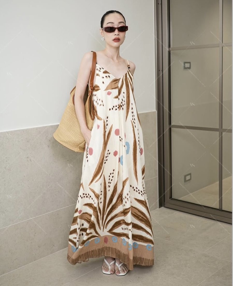 Strappy Maxi Dress with Green Leaf Print