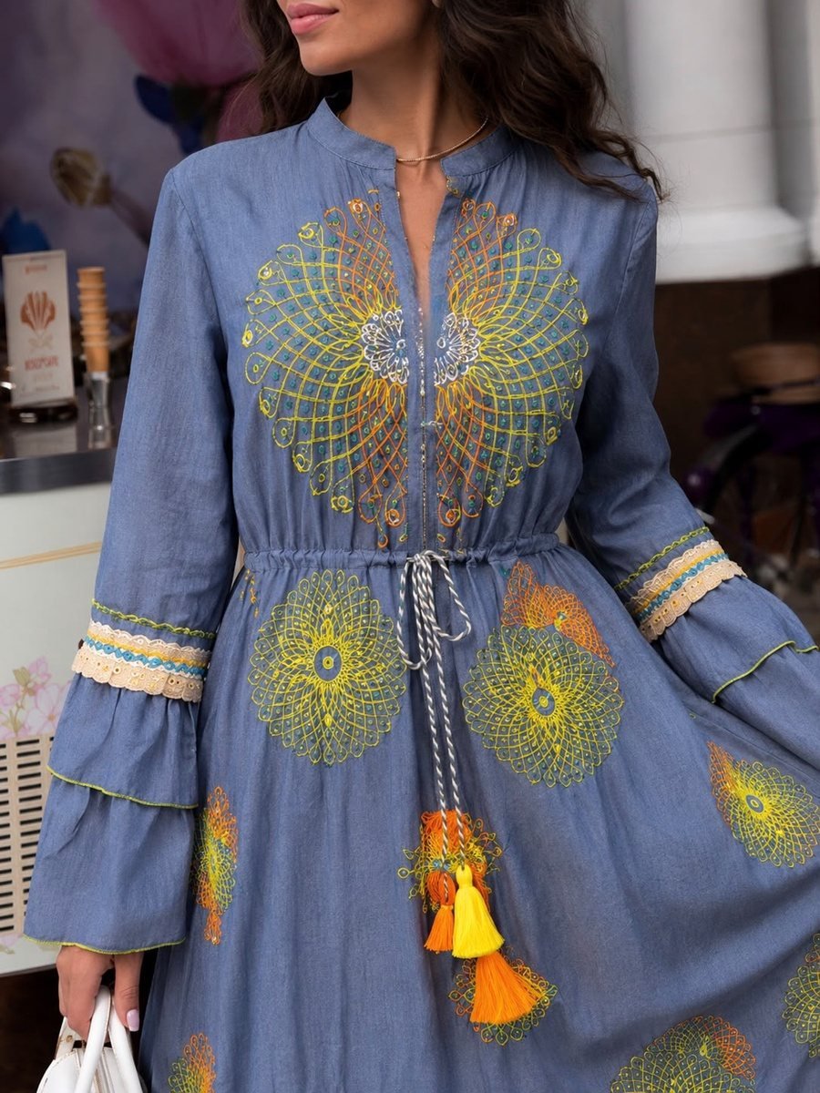 Embroidered Boho Maxi Dress with Puff Sleeves