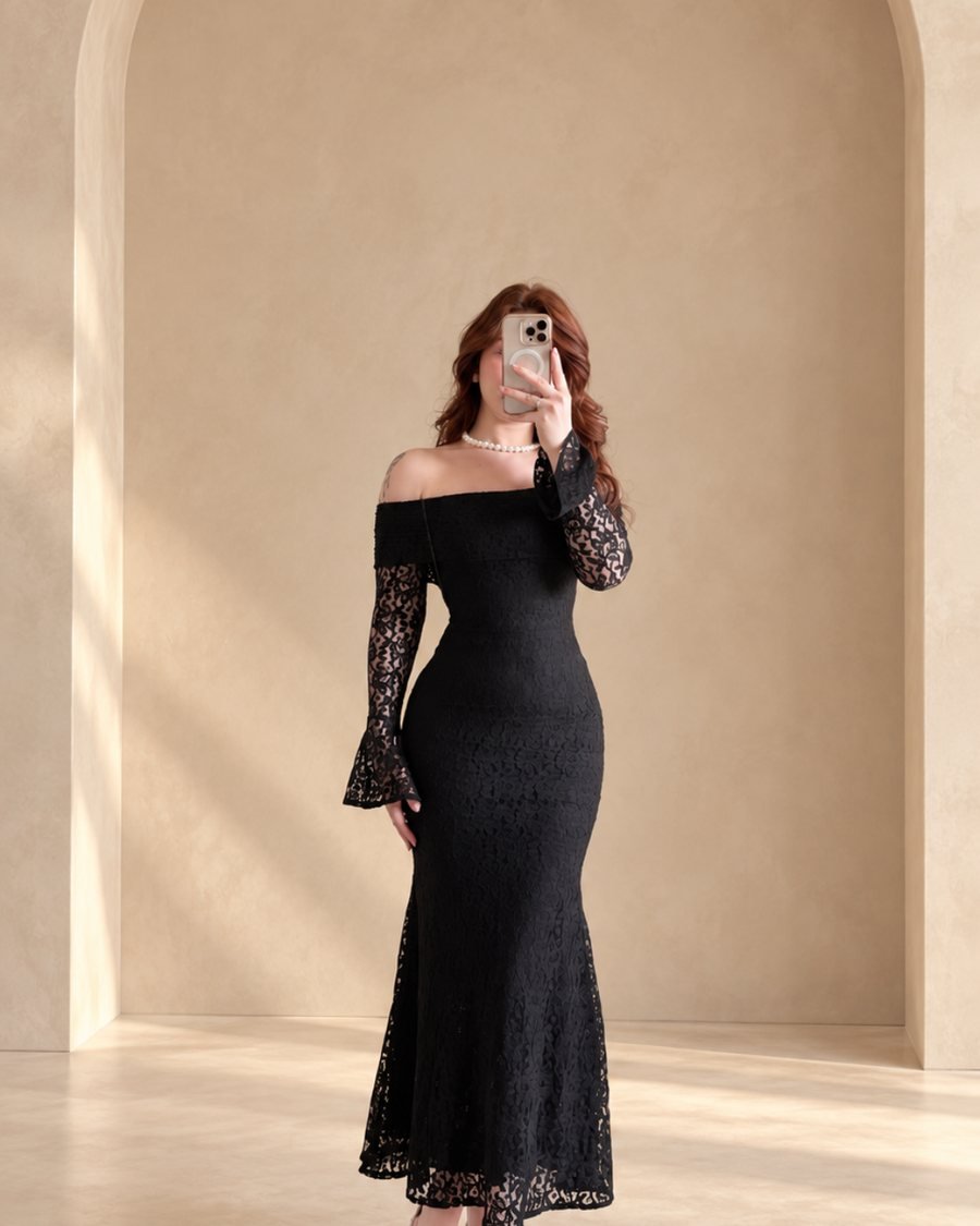 Black Lace Off-Shoulder Mermaid Dress