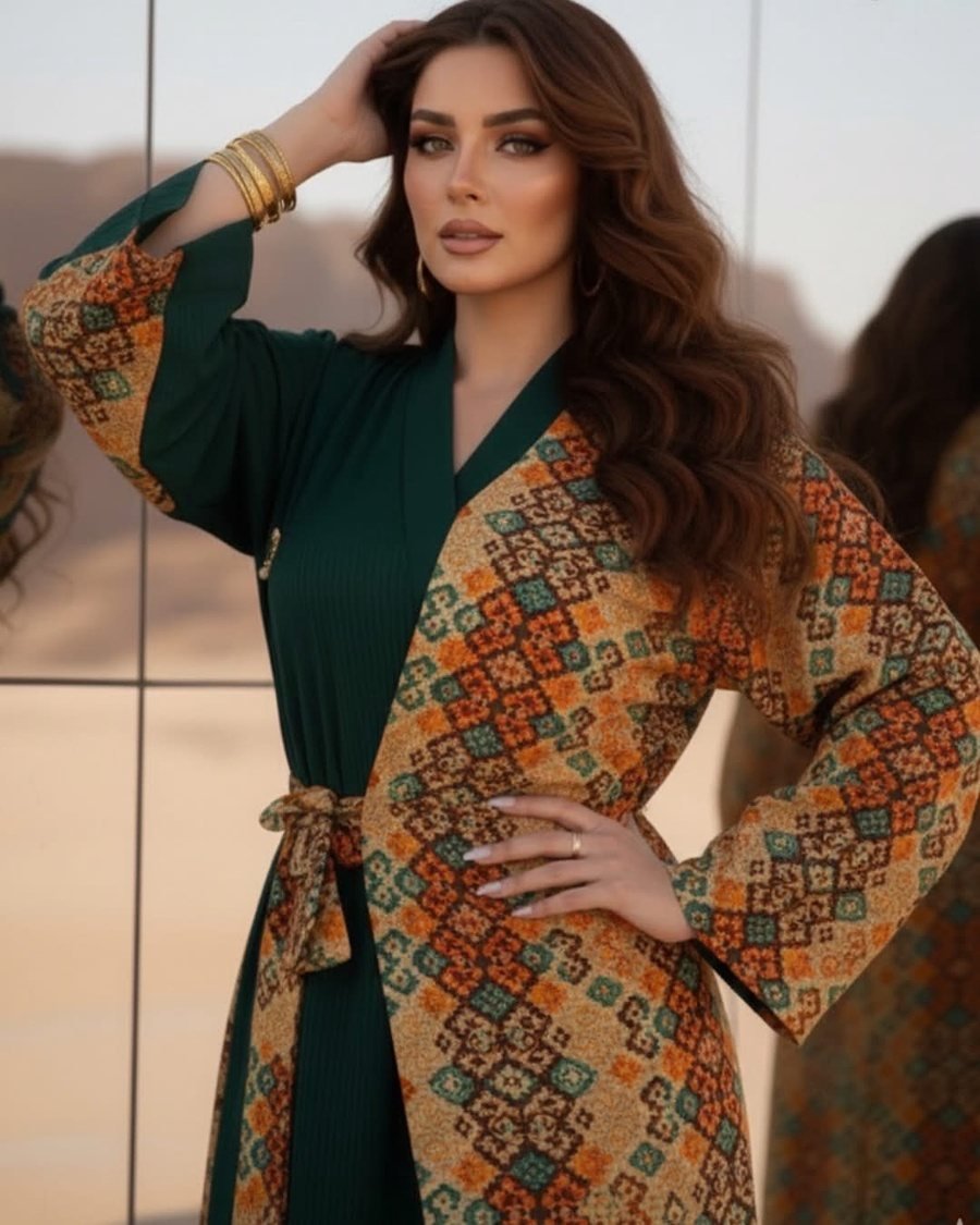 Green Abaya with Heritage-Print Panels