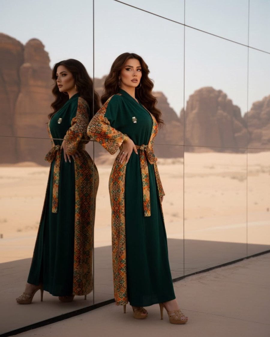 Green Abaya with Heritage-Print Panels