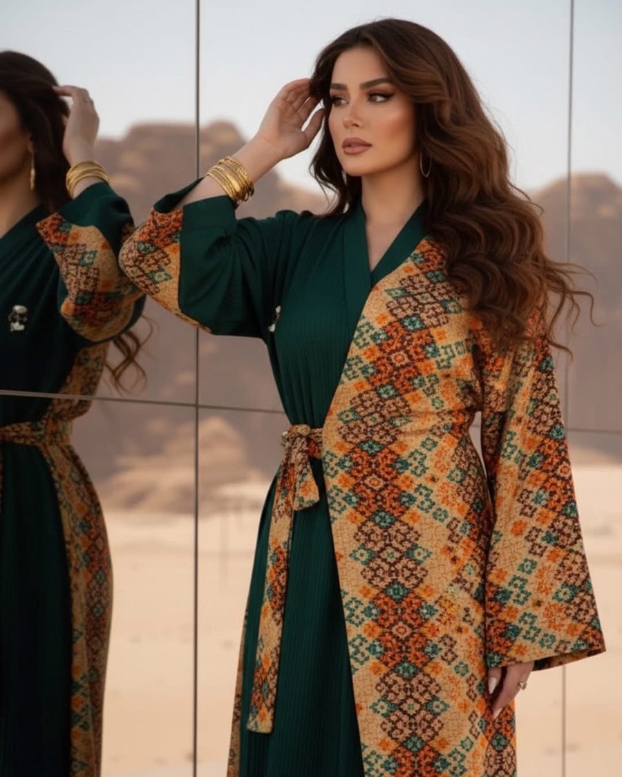 Green Abaya with Heritage-Print Panels