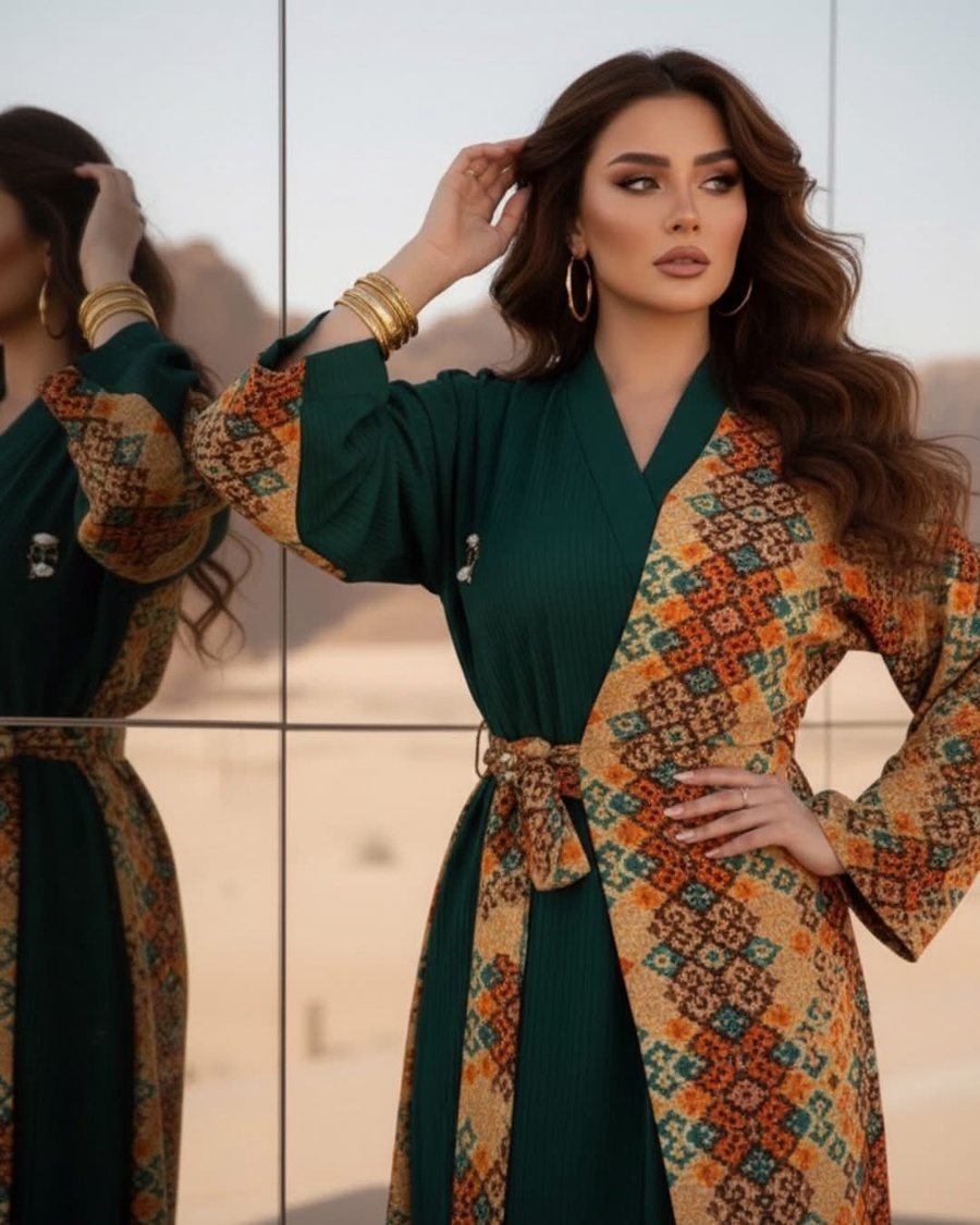 Green Abaya with Heritage-Print Panels
