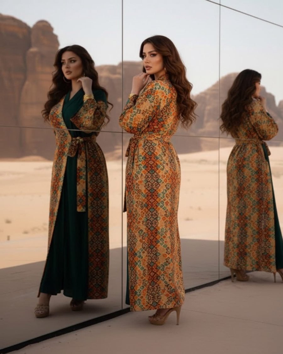 Green Abaya with Heritage-Print Panels