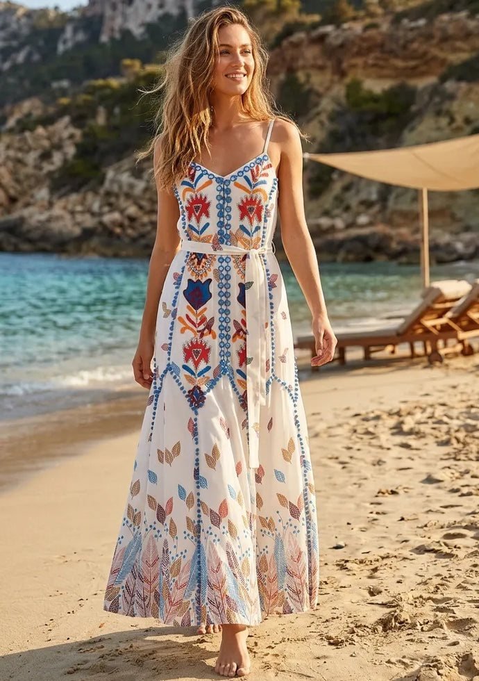 White Strappy Maxi Dress with Colourful Floral Embroidery
